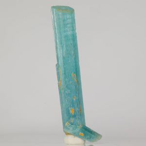 Aquamarine crystal with gold inclusions on a white background