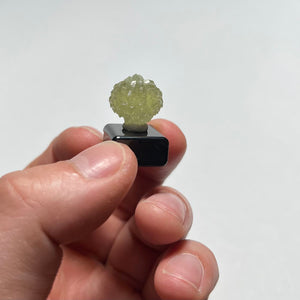 Hand holding a small green prehnite crystal on a white background