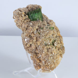 Raw Green Tourmaline Crystal on Rock