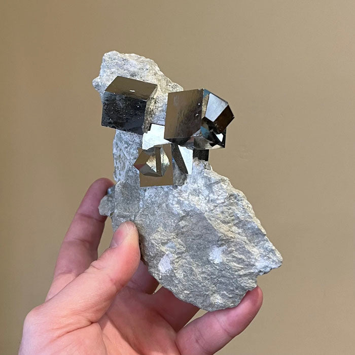 Pyrite Cube crystal cluster on limestone