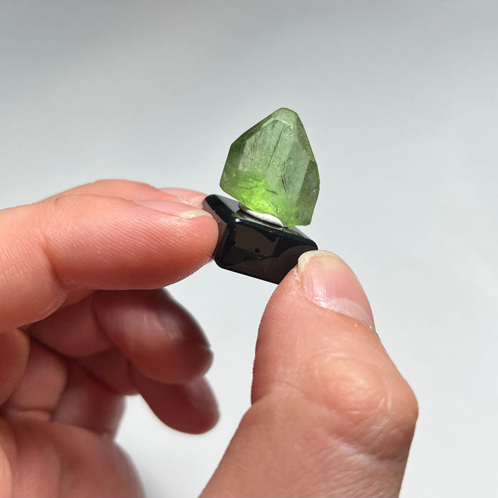 Hand holding a green peridot crystal in a black holder against a white background