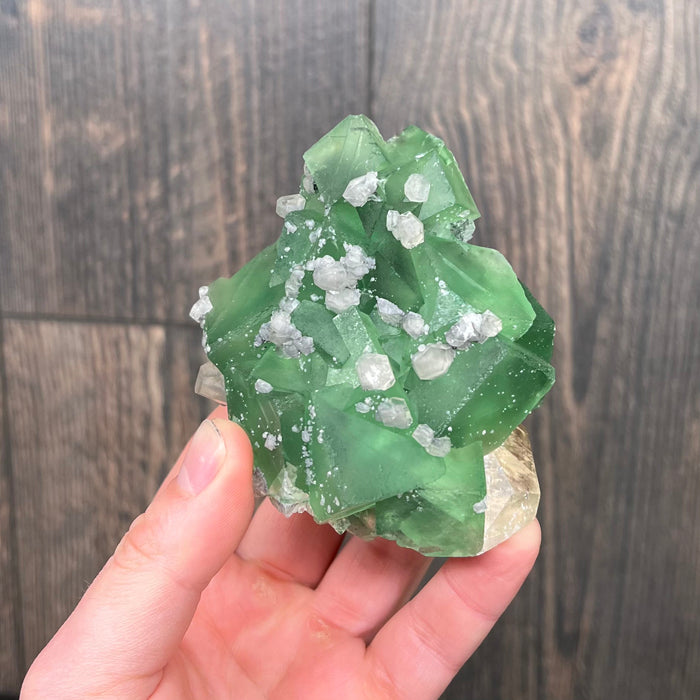 Lime green fluorite Crystals with Calcite China