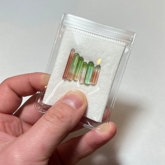 Tourmaline crystal lot Congo six slender pink and green crystals