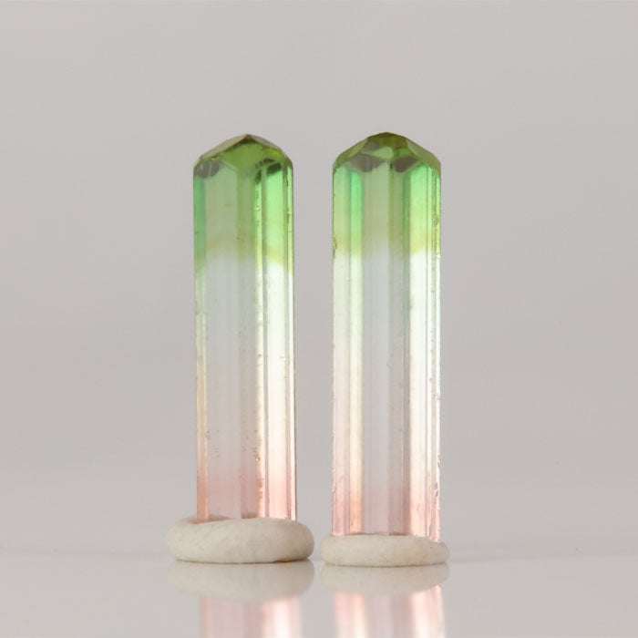 Green pink tourmaline crystal pair matching specimens for jewelry