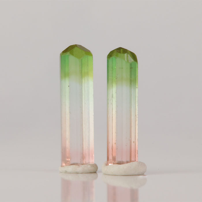 Tricolor tourmaline crystal pair from Congo green clear and pink crystals