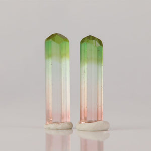 Tricolor tourmaline crystal pair from Congo green clear and pink crystals