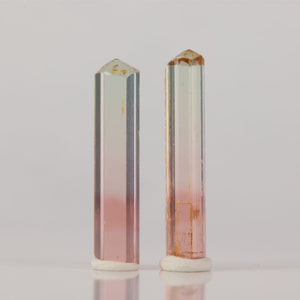 Pair of bi color tourmaline crystals slender matching specimens