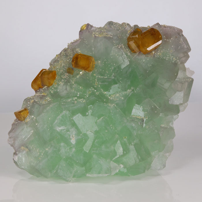 Green Fluorite with orange barite crystal specimen