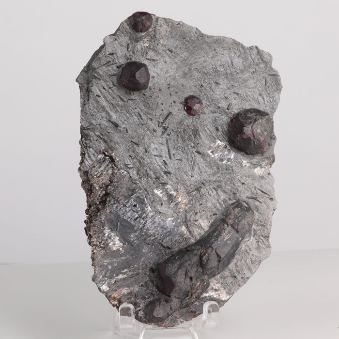 Red Embers Mine Mineral sample with dark garnet crystals on a gray background