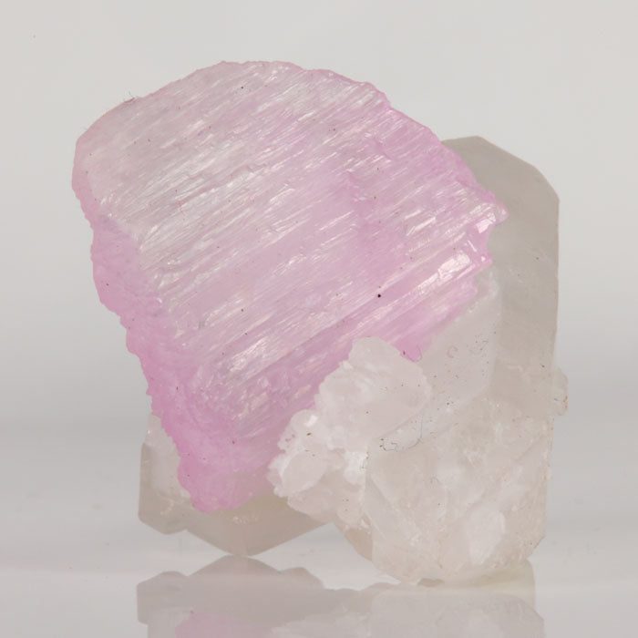 Side view of Kunzite on Quartz displaying two upright pink crystals against a natural white Quartz cluster.