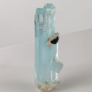 Close-up of Pakistani aquamarine featuring a black mineral inclusion surrounded by white matrix on clear blue crystals.