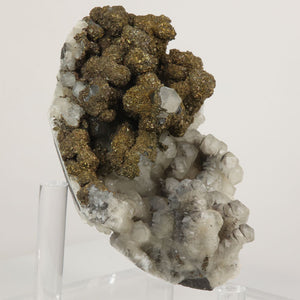 Metallic pyrite aggregates with translucent calcite crystals from China