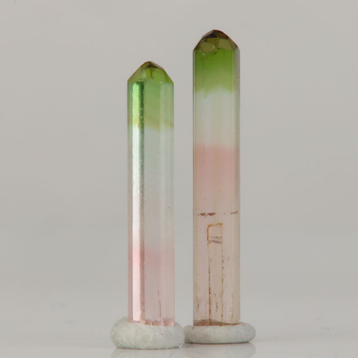 bi color tourmaline crystal pair congo green cap pink base slender crystals