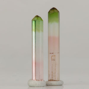 bi color tourmaline crystal pair congo green cap pink base slender crystals