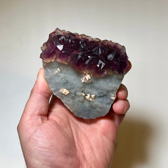 Cubic fluorite specimen with sparkling gray druzy background