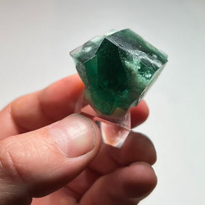 Close-up of green cubic fluorite specimen with translucent edges, internal textures, and geometric crystal structure.