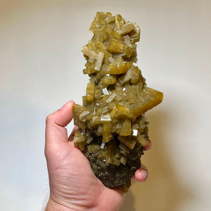 Elongated barite crystal spray with lustrous golden crystals