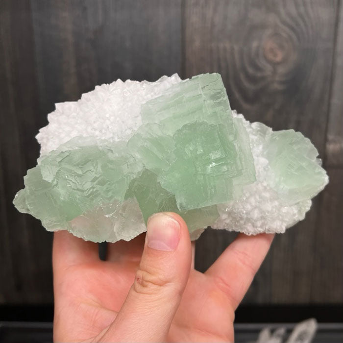 Chinese Green Fluorite Crystals on White Quartz