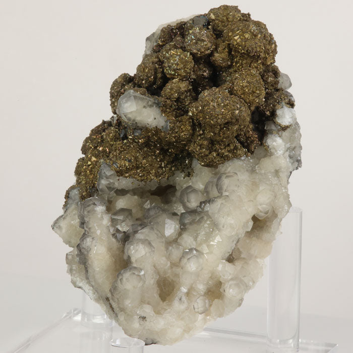 Golden pyrite clusters on white calcite crystal specimen from Kaiwu Mine China