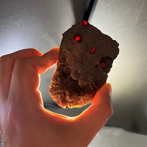 Hand holding a rock with embedded red garnet stones against a neutral background