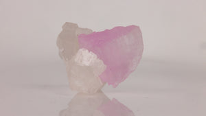 Side view of Kunzite on Quartz displaying two upright pink crystals against a natural white Quartz cluster.