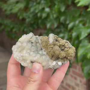 Metallic pyrite aggregates with translucent calcite crystals from China