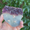 Purple fluorite display piece with druzy quartz matrix