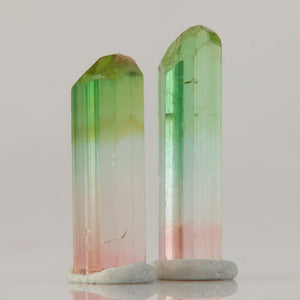 elongated tourmaline crystals with distinct green to pink fade