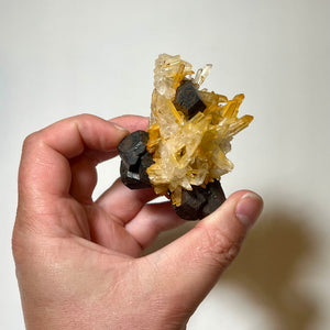Dark metallic pyrite crystals on bright quartz matrix