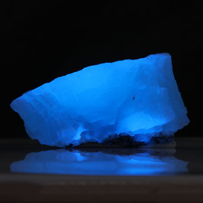 UV reactive blue prehnite specimen displaying electric blue fluorescence