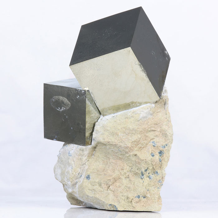 604g Two Interlocked Pyrite Cubes on Host Rock - Mineral Mike