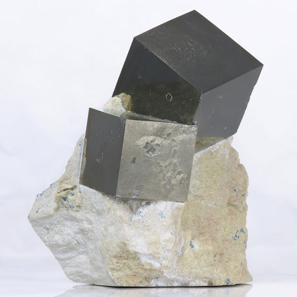 604g Two Interlocked Pyrite Cubes on Host Rock - Mineral Mike